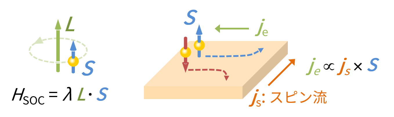スピン－軌道相互作用とスピンホール効果の概念図
